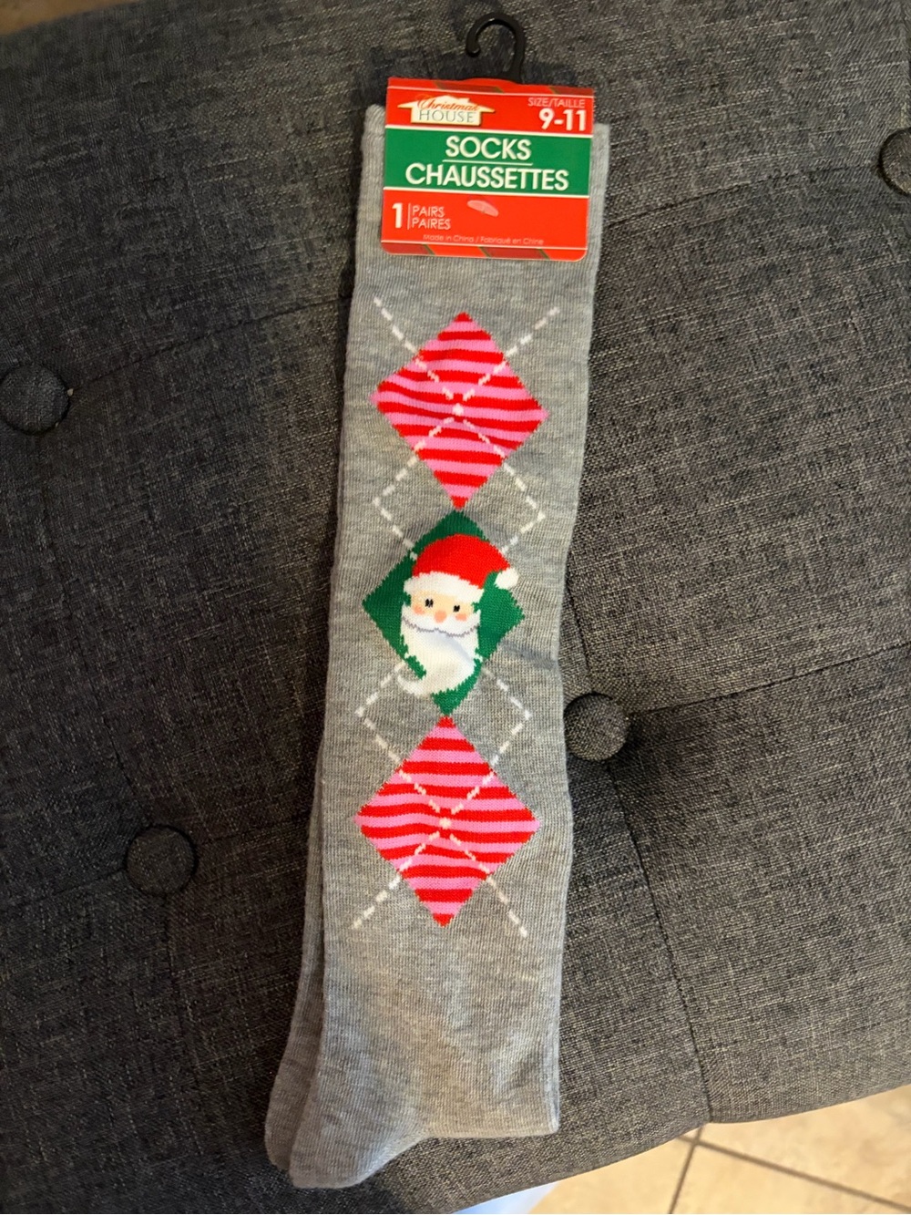 Gray Santa Argyle Crew Socks - Size 9-11
